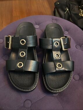 KOI Footwear - Black Vegan Leather Slide Sandals with Gold Eyelet Detail